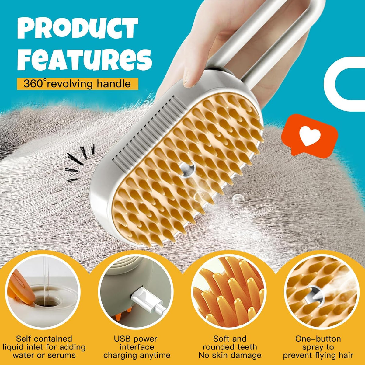 Steam Pet Grooming Brush – Rechargeable Deshedding Comb