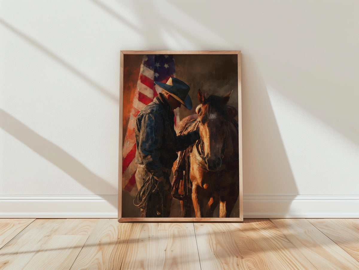 Cowboy Horse American Flag Print, Rustic Western Wall Art
