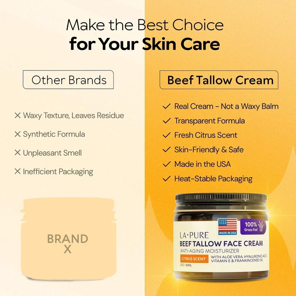 LA PURE Beef Tallow Face Cream – Grass-Fed with Aloe Vera & Hyaluronic Acid | 4 oz Deep Hydration
