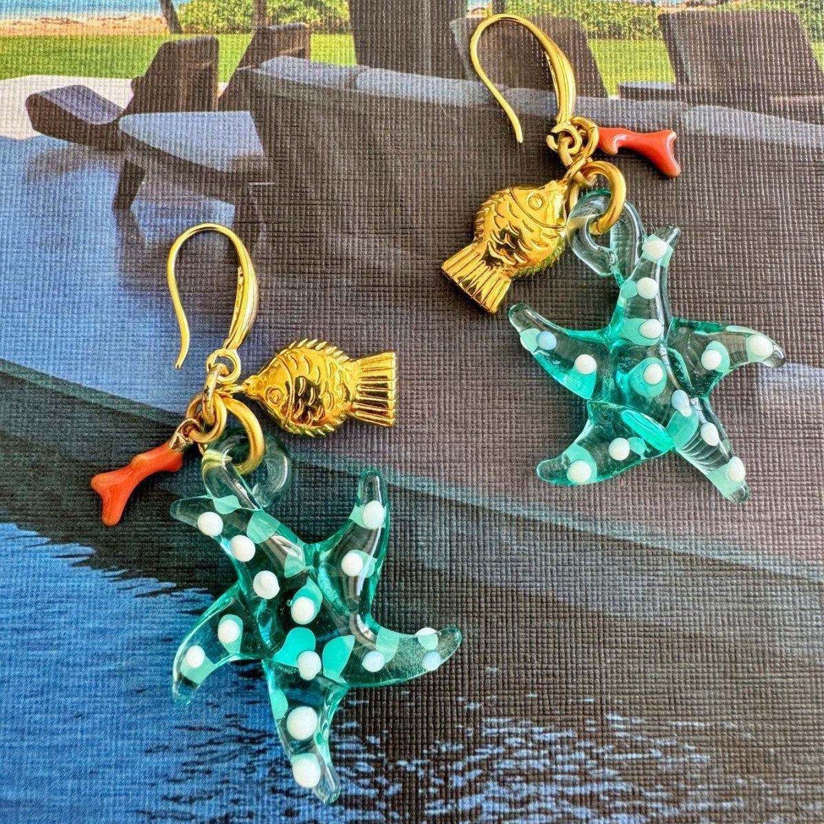 Big Starfish Small Goldfish Seahorse Coral Earrings Stainless Steel Material