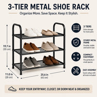 3-Tier Freestanding Metal Shoe Rack, Black, 65 x 28 x 50 cm