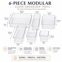 6-Piece Clear Plastic Drawer Organiser Tray Set, Assorted Sizes