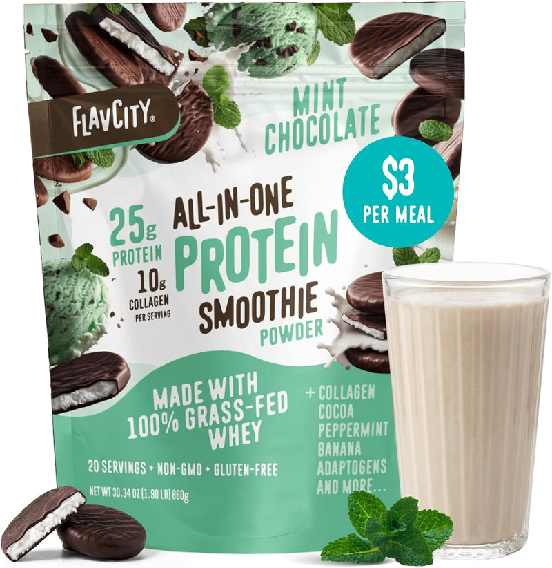 FlavCity All-in-One Protein Shake Powder – Mint Chocolate, 20 Servings | Grass Fed Whey + Collagen