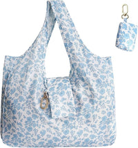 Floral foldable keychain tote bag folded into compact pouch