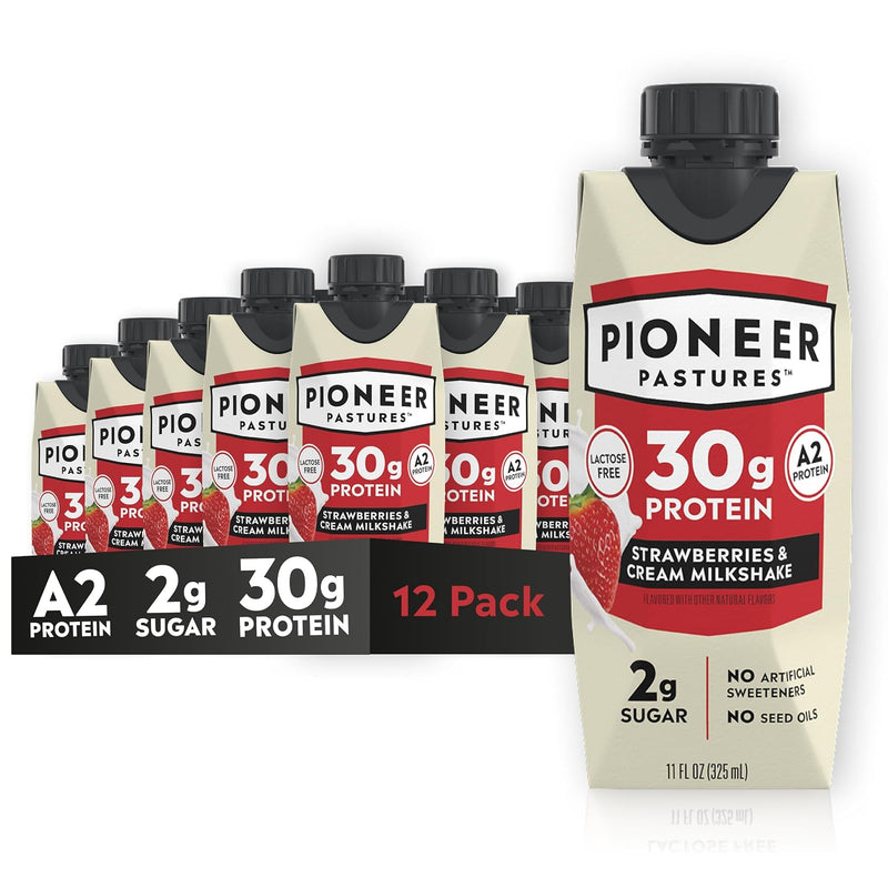 Pioneer Pastures A2 Protein Milkshake – Strawberries & Cream, 11oz, 12-Pack