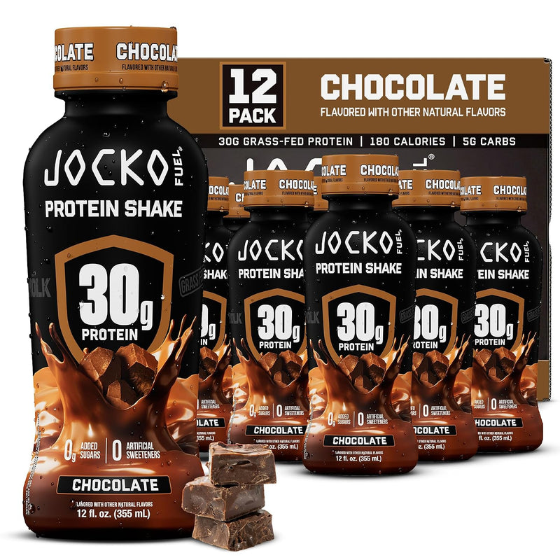 Jocko Fuel High Protein Shake – Chocolate, 12 fl oz, 12-Pack | 30g Grass Fed Protein
