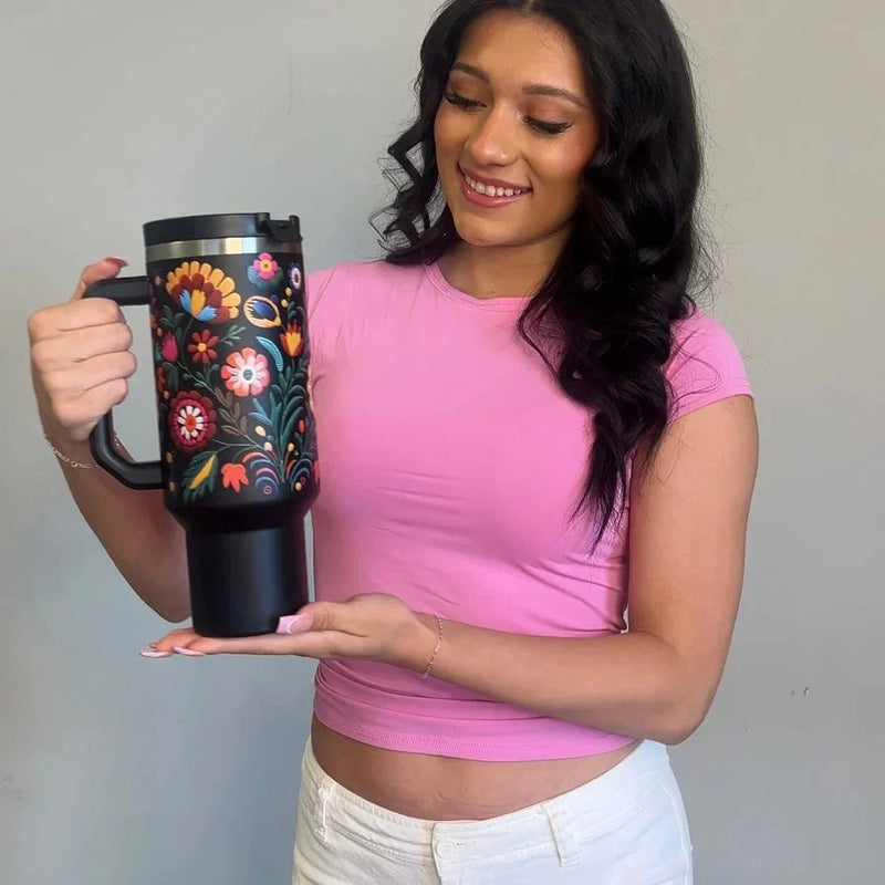 Mexican Embroidery 40oz Insulated Tumbler with Straw