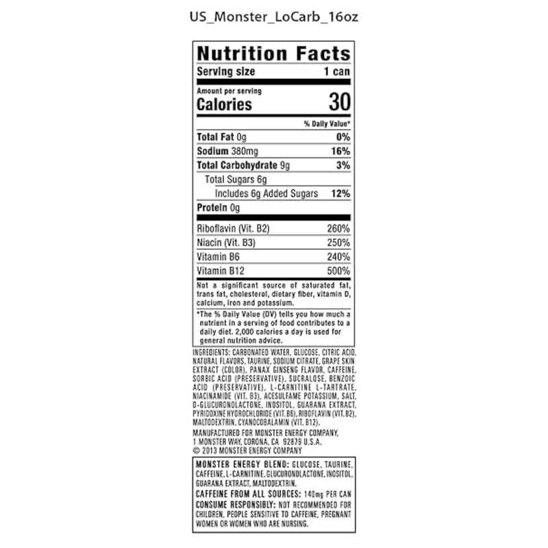 Monster Energy, Lo-Carb Monster, Low Carb Energy Drink, 16 Ounce (Pack of 15)