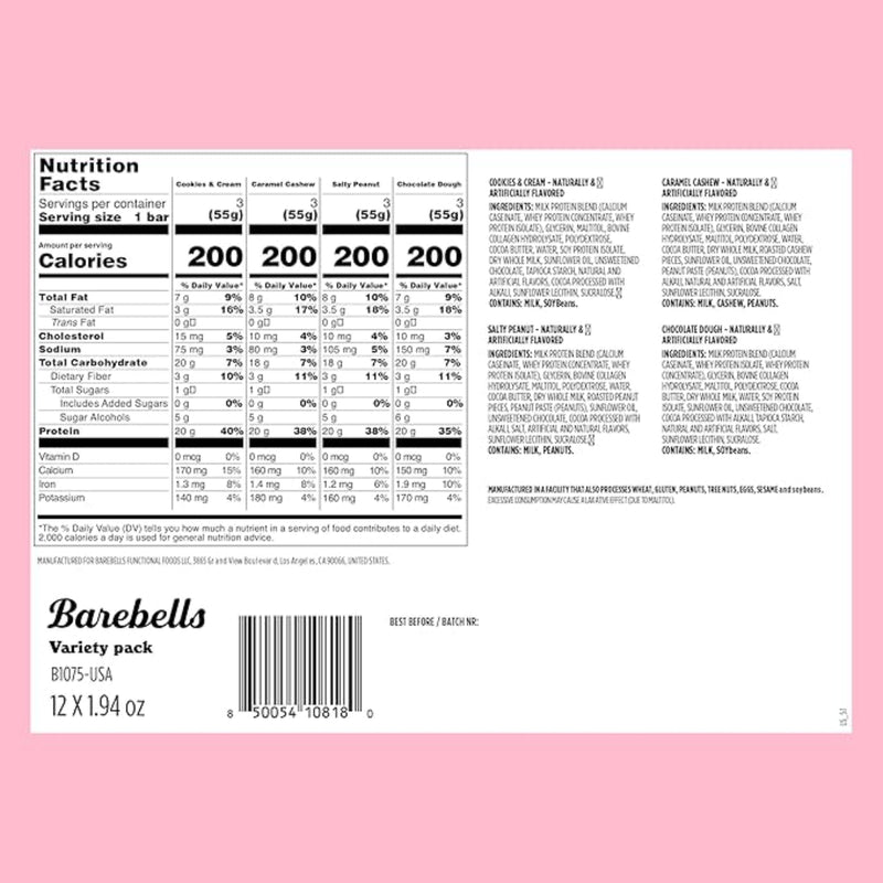 Barebells Protein Bars Variety Pack - 12 Count, 1.9oz Bars - Protein Snacks with 20g of High Protein - Chocolate Protein Bar with 1g of Total Sugars - Perfect on The Go Protein Snack & Breakfast Bars
