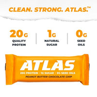 Atlas Protein Bar – 20g Clean Protein, 1g Natural Sugar, No Seed Oils, Gluten Free, No Artificial Sweeteners, Peanut Butter Chocolate Chip, 12 Count