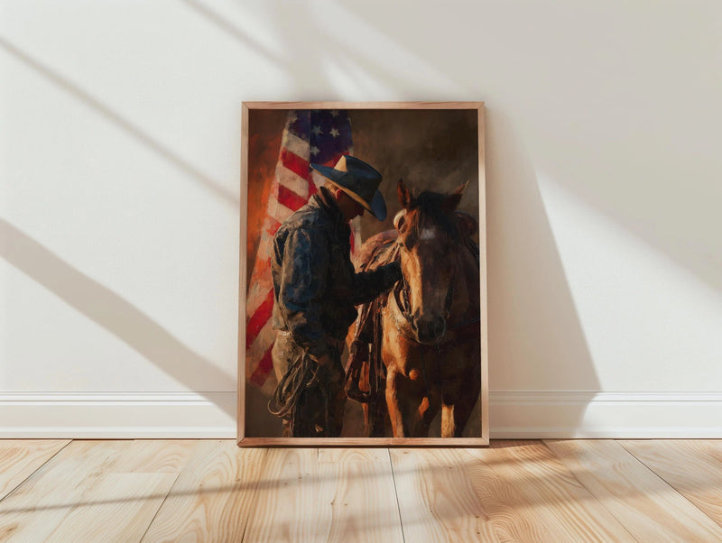 Cowboy Horse American Flag Print, Rustic Western Wall Art