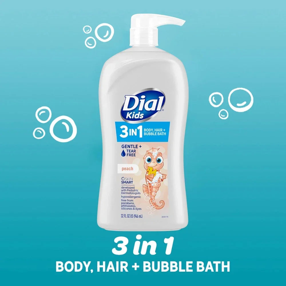 Dial Kids All-in-One Hair, Body Wash & Bubble Bath – Tear-Free Peach Scent | 32 fl oz