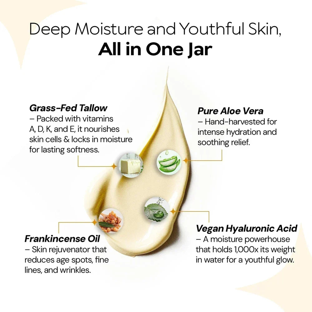 LA PURE Beef Tallow Face Cream – Grass-Fed with Aloe Vera & Hyaluronic Acid | 4 oz Deep Hydration